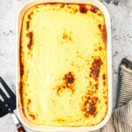 The finished Greek Moussake in a casserole dish.