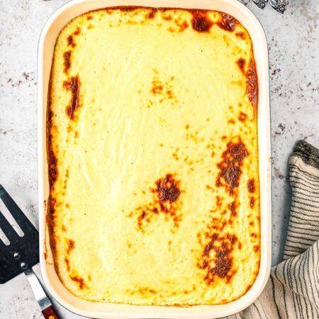 The finished Greek Moussake in a casserole dish.