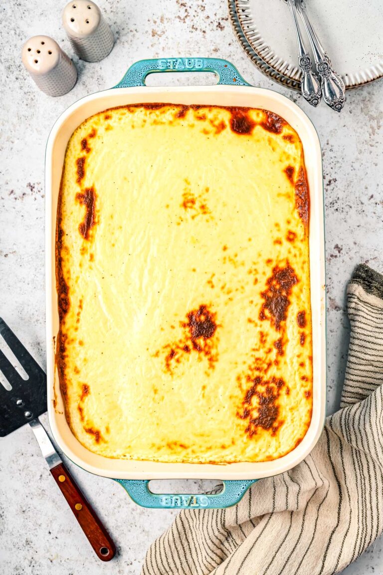 The finished Greek Moussake in a casserole dish.