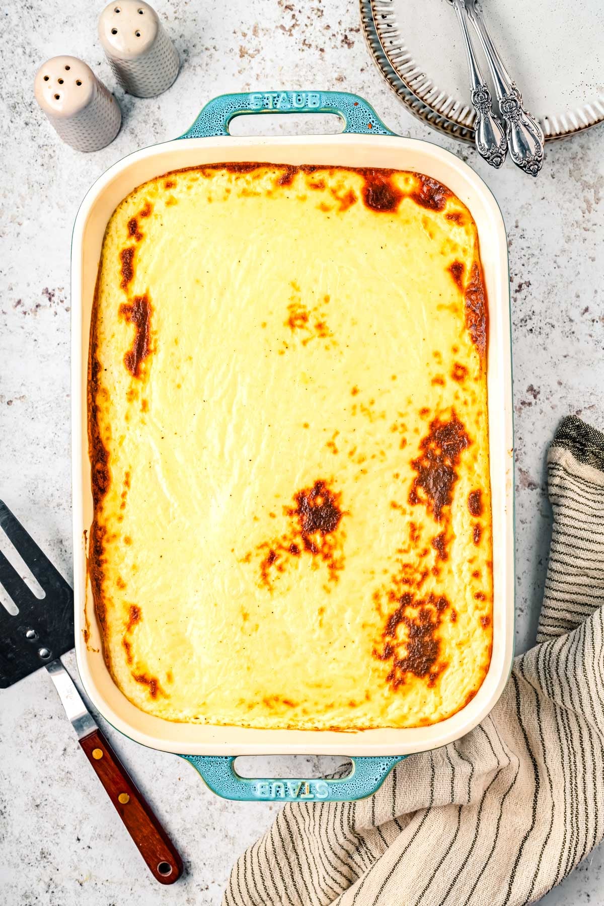 The finished Greek Moussake in a casserole dish.