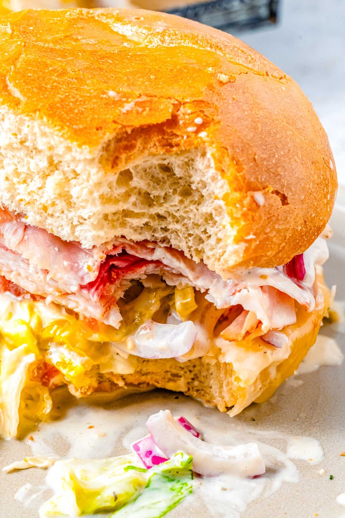 A grinder sandwich with a bite taken out of it and some toppings spilling out on the plate.