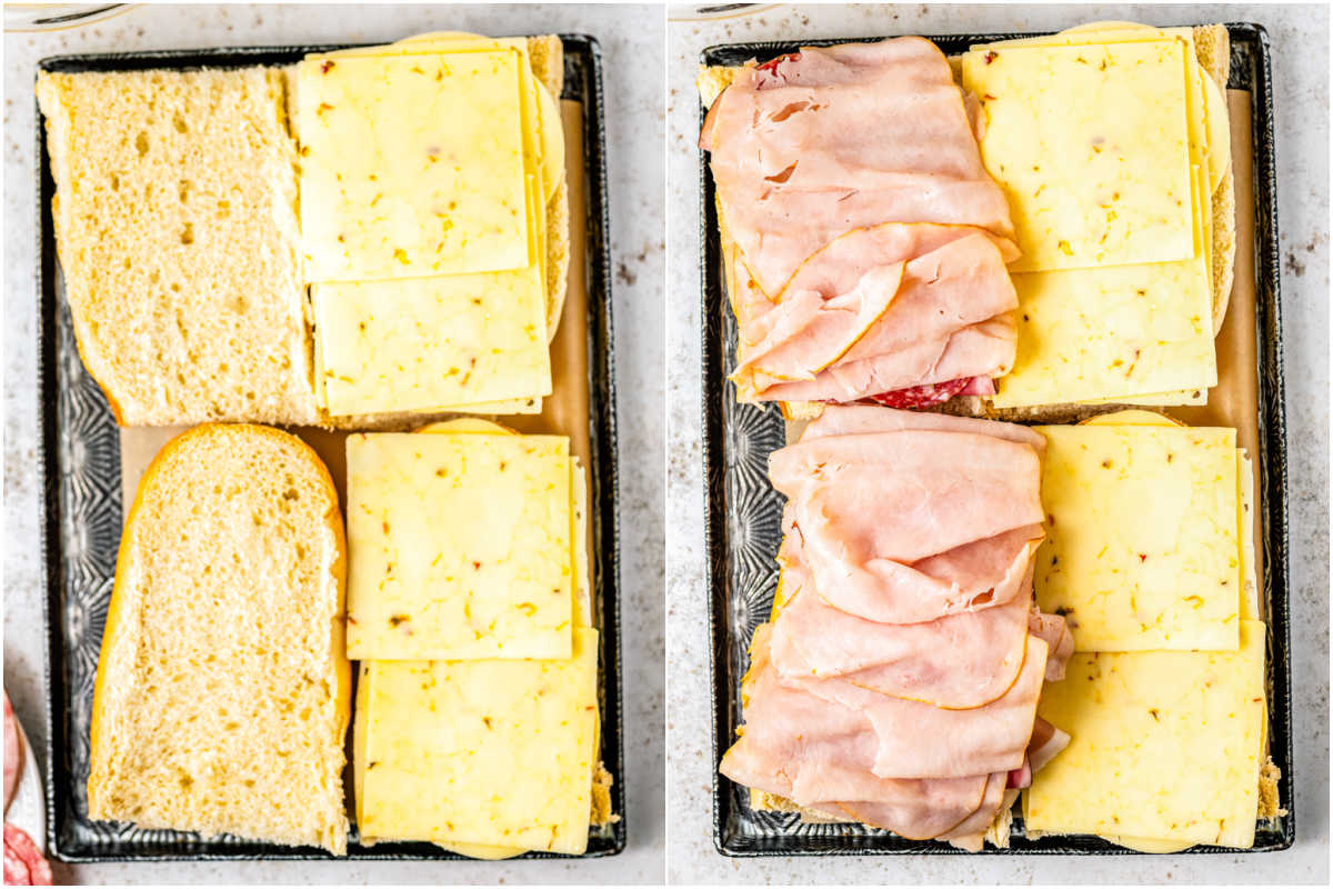 The bread cut in half and then cheese and meat added to it.