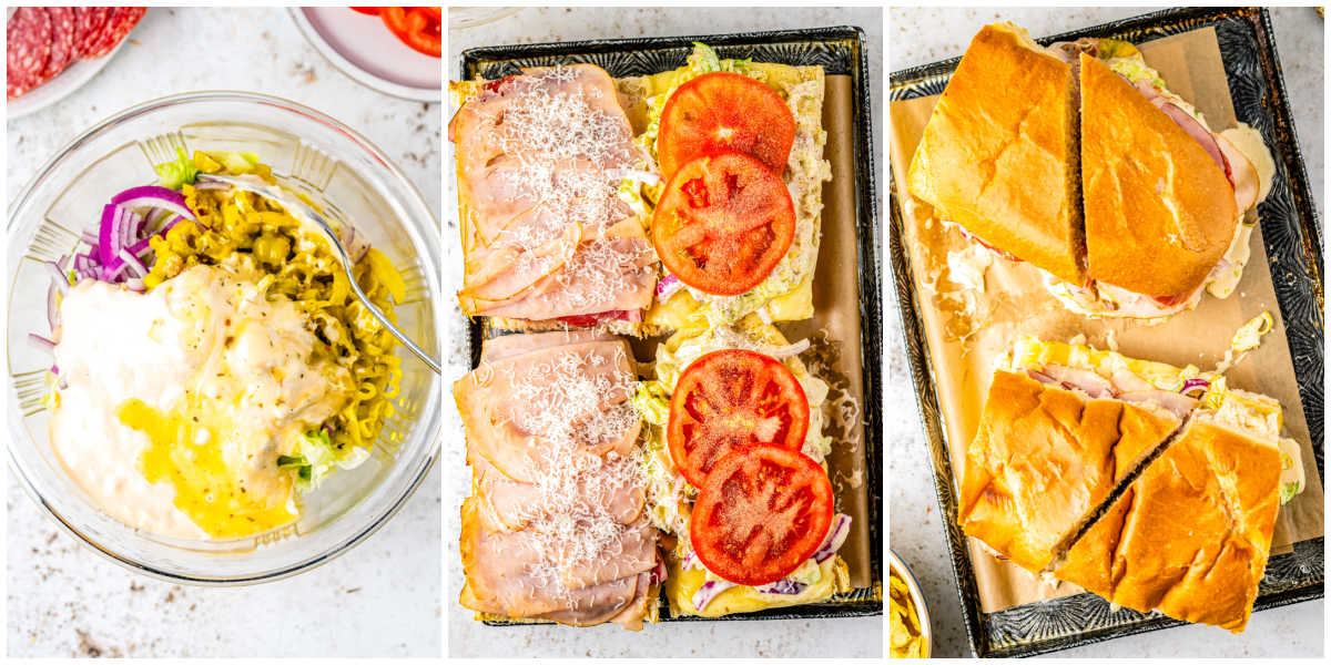 The toppings mixed in a bowl and then layers on the toasted sandwich.