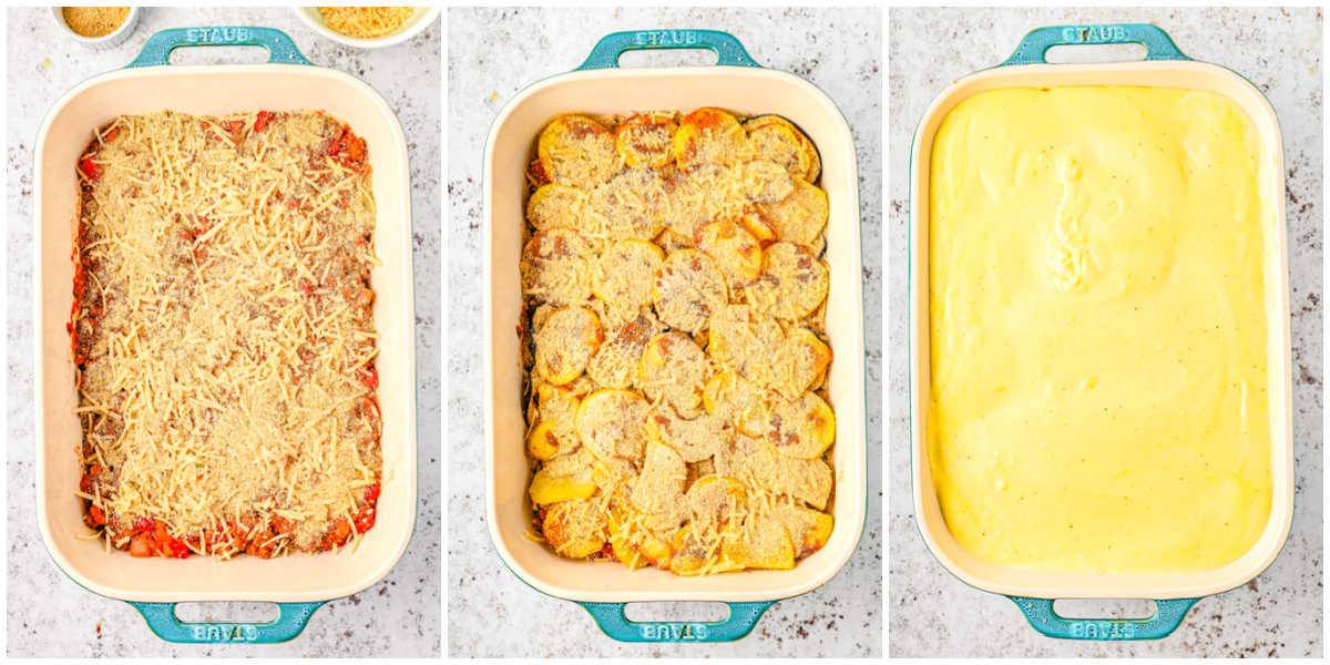 The layers of Moussaka added to a casserole dish.