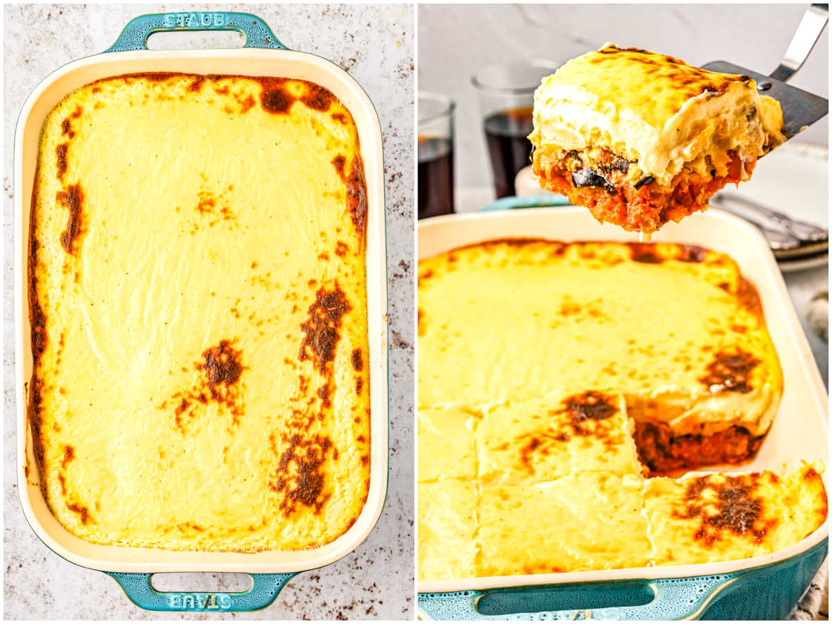 Moussaka baked in a casserole dish and then cut and served into slices.