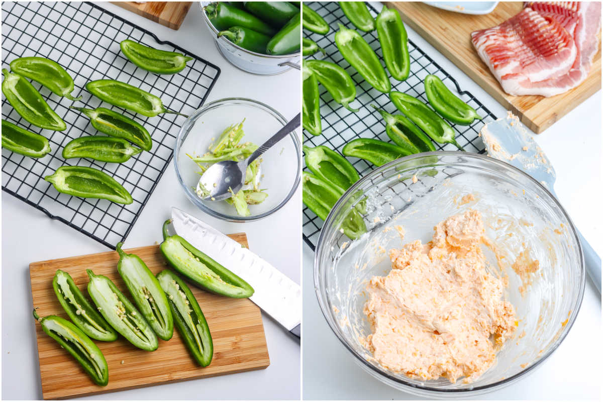 The jalapenos cut in half and scooped out.