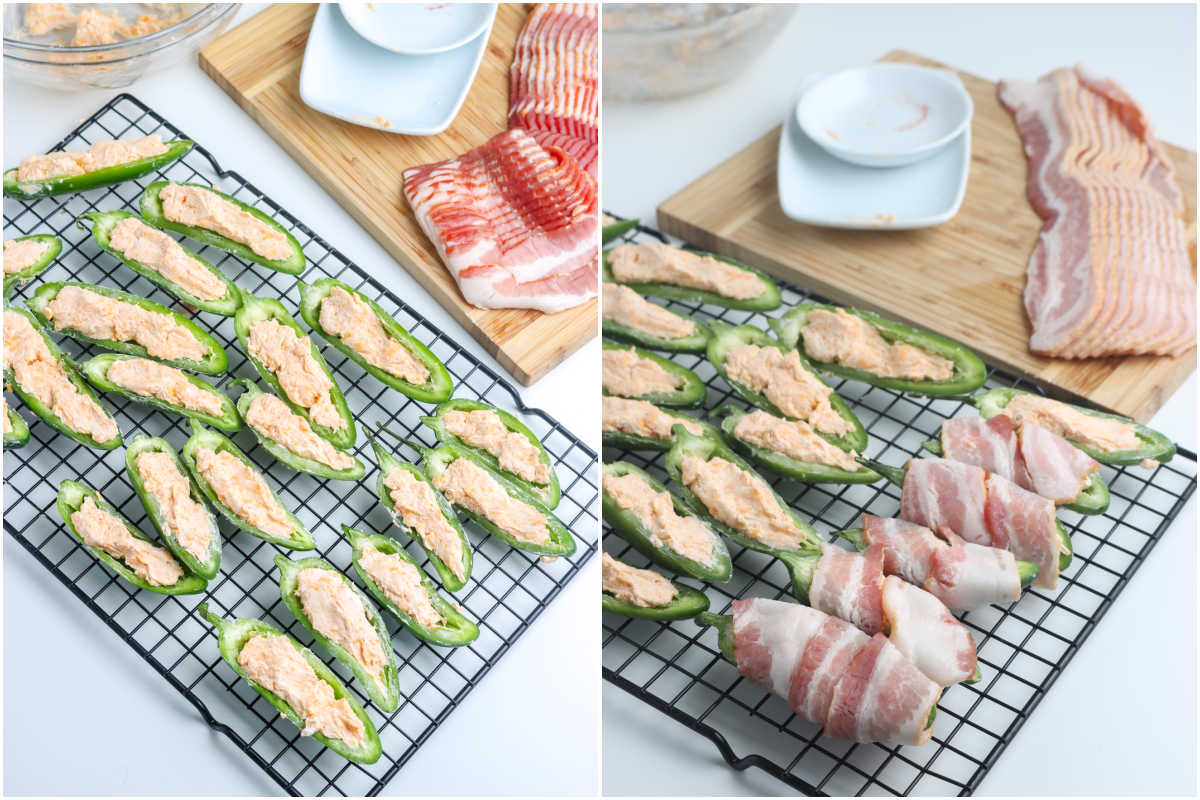 The poppers gilled with the cream cheese filling and then wrapped in bacon.