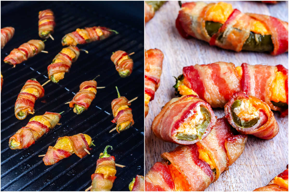 The poppers on the smoker and on a serving platter.