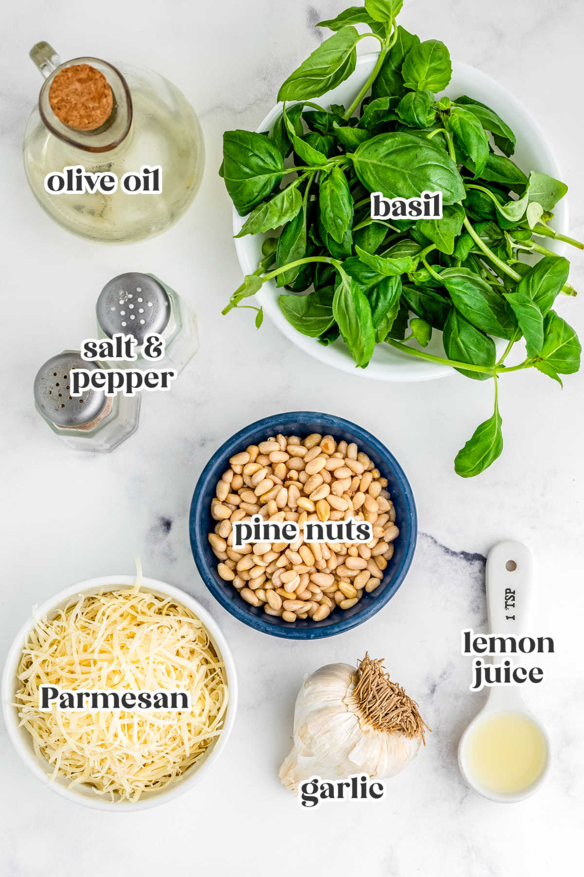 The blender pesto ingredients with text overlay labeling each one.