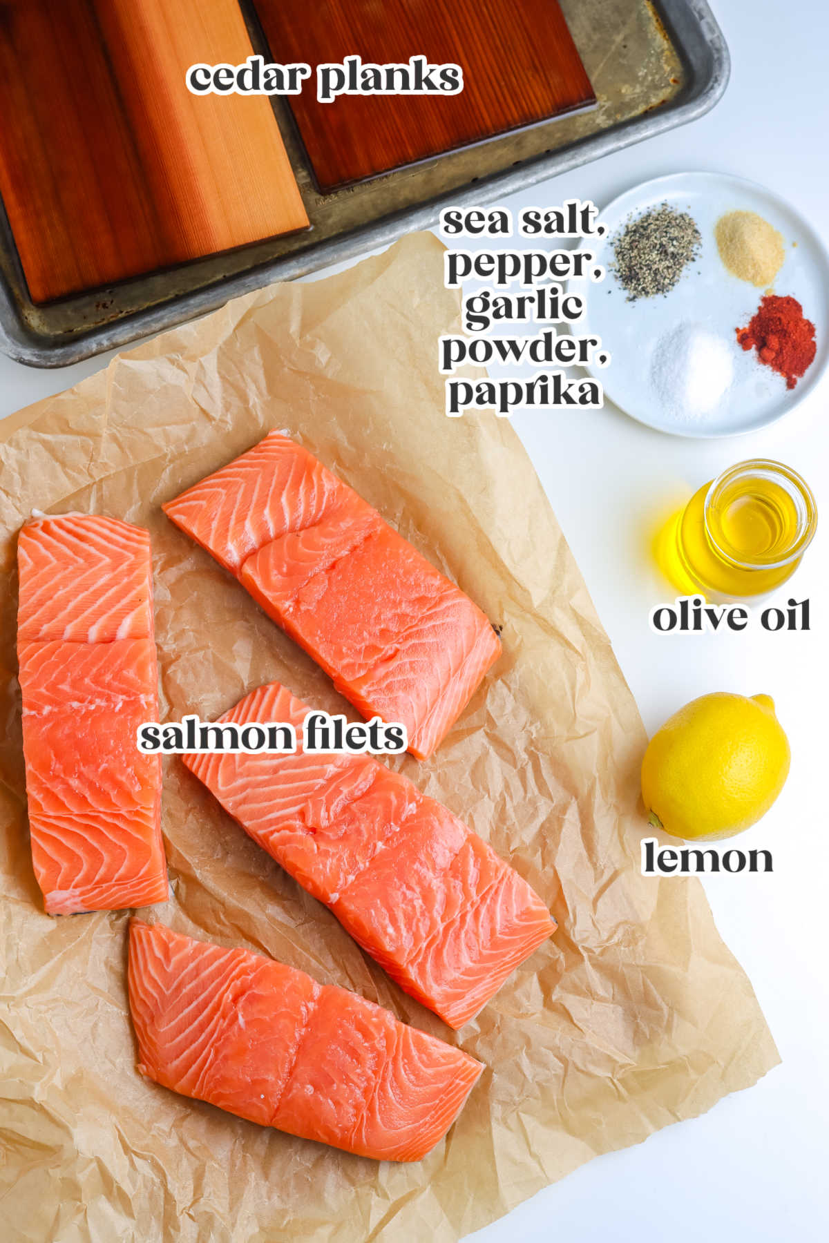 The cedar plank salmon ingredients labled with text overlay.