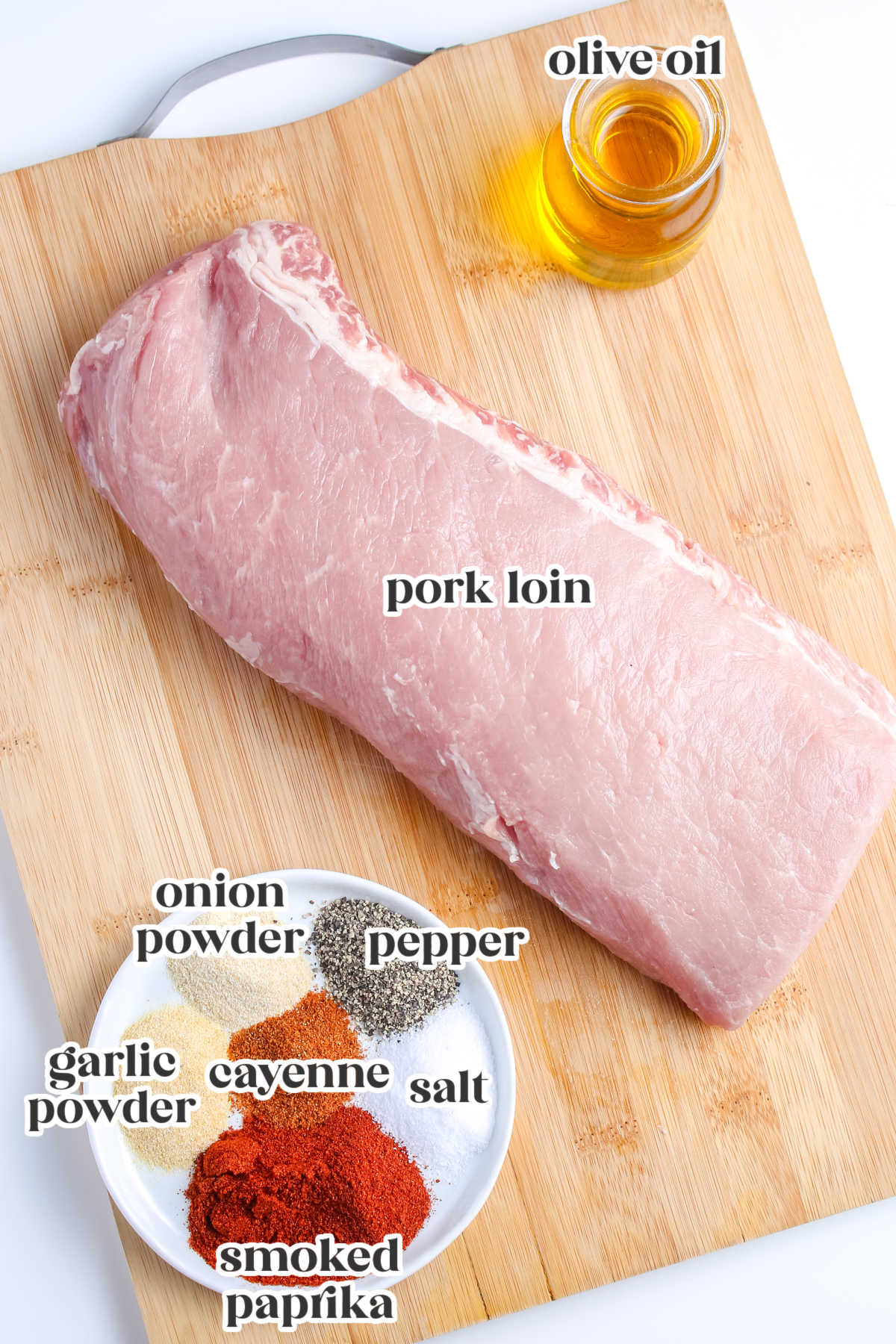 The recipe ingredients for grilled pork loin and labled with text overlay.