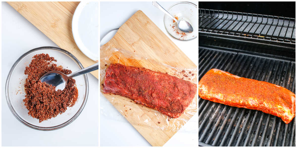 The rub mixed together, then rubbed all over the pork loin, and then placed on a grill.