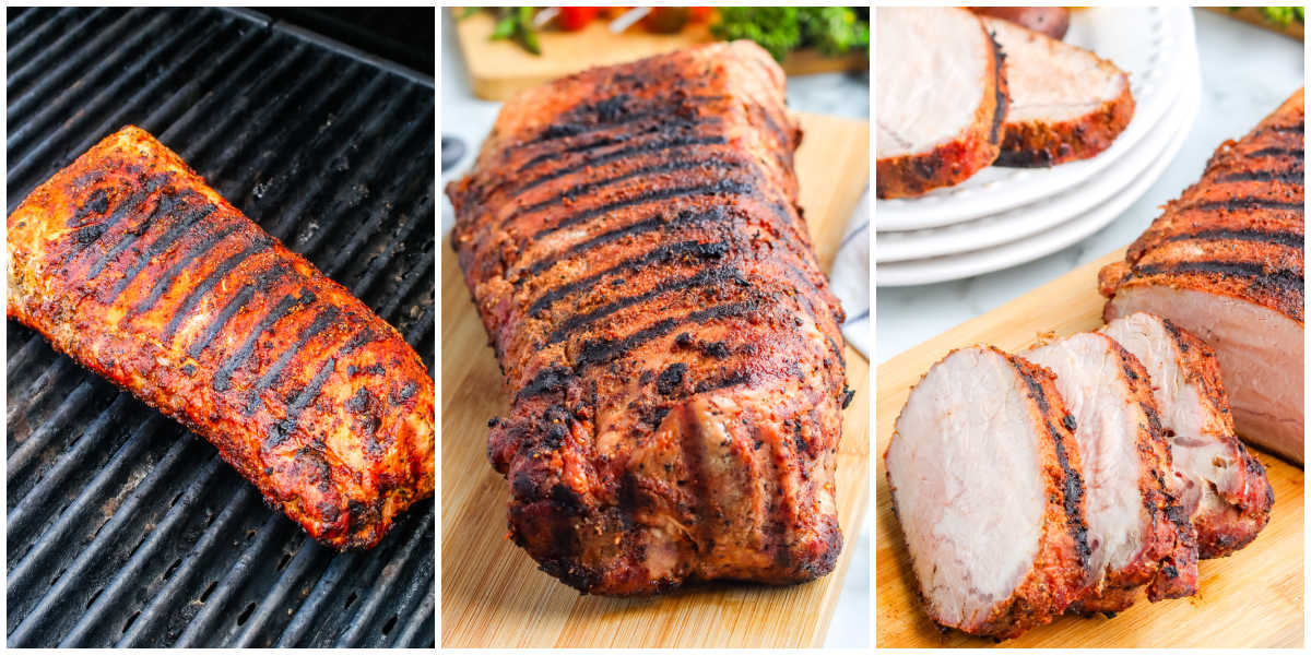 The finished grilled pork loin on the grill, resting on a cutting board, and then sliced.