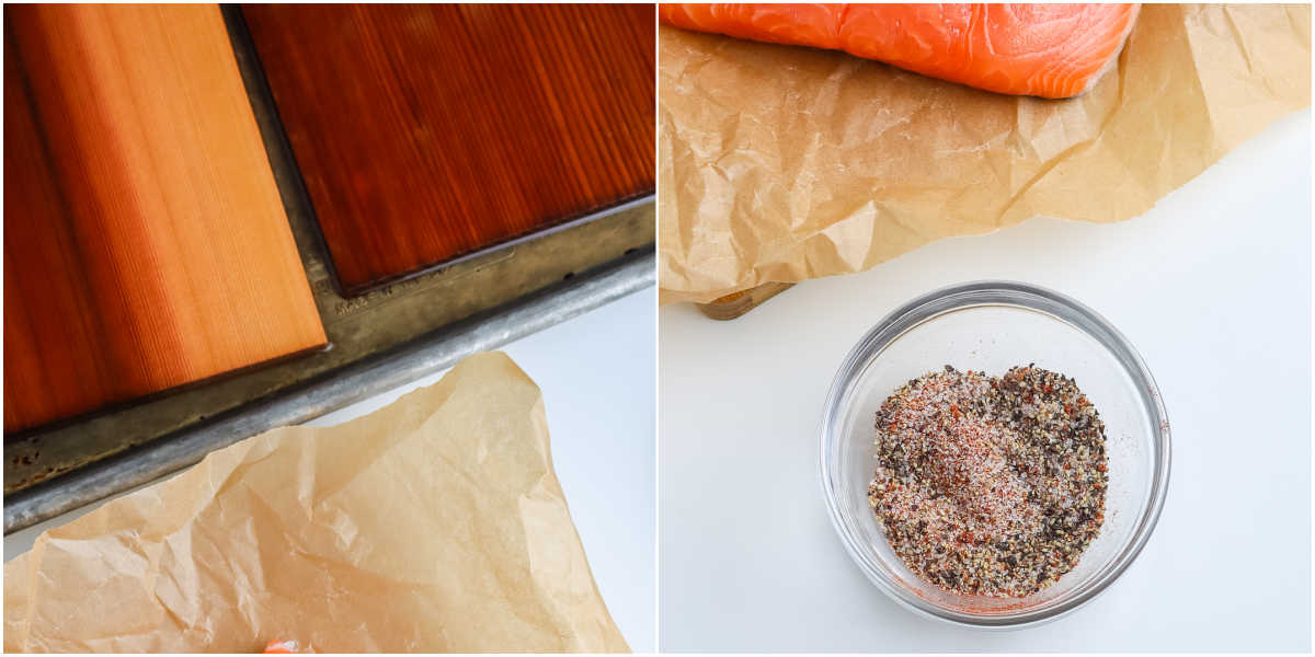 The planks soaking in water and the seasoning blend mixed in a small bowl.