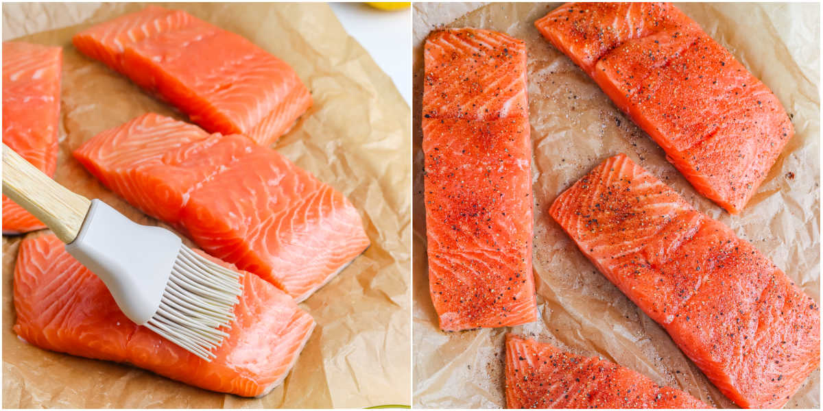 The salmon filets with olive oil brushed on them and then sprinkled with a seasoning blend.
