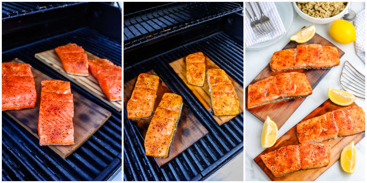The salmon before and after it's cooked on the prepared cedar planks.
