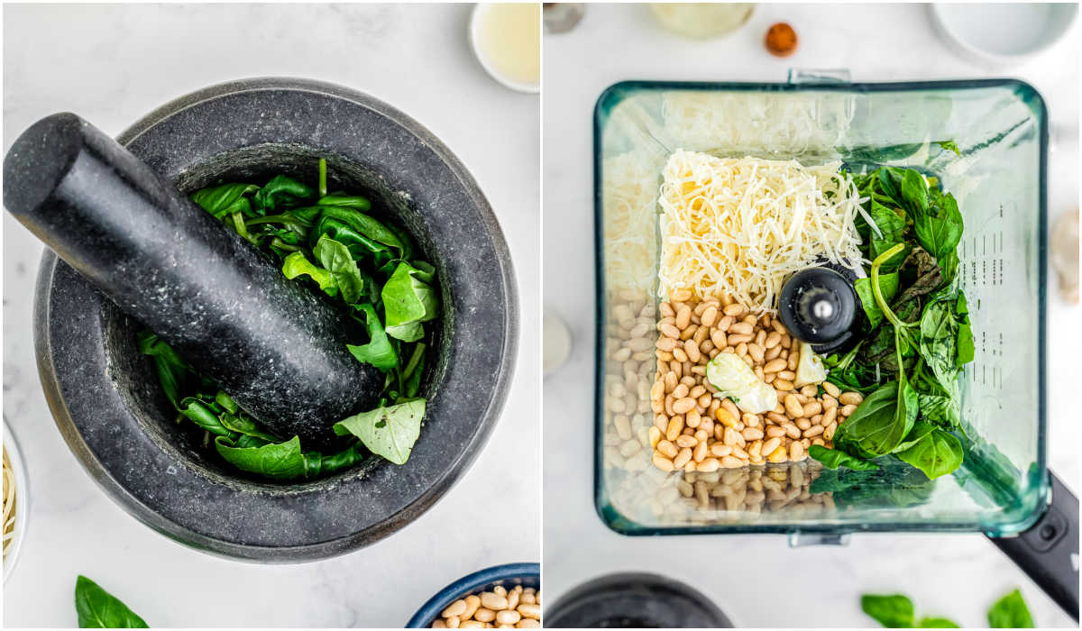 Basil bruised in a mortar and pestle and all of the ingredients added to a blender.
