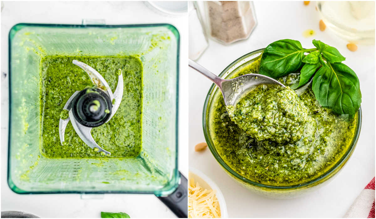 The pesto blended in a blender and then transferred to a serving bowl.
