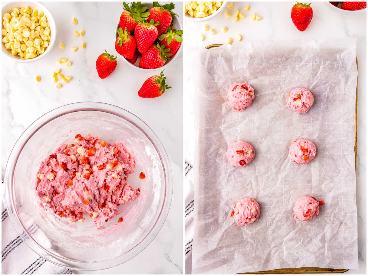 The cookie dough mixed in a bowl and then scooped onto a cookie sheet lined with parchment paper.