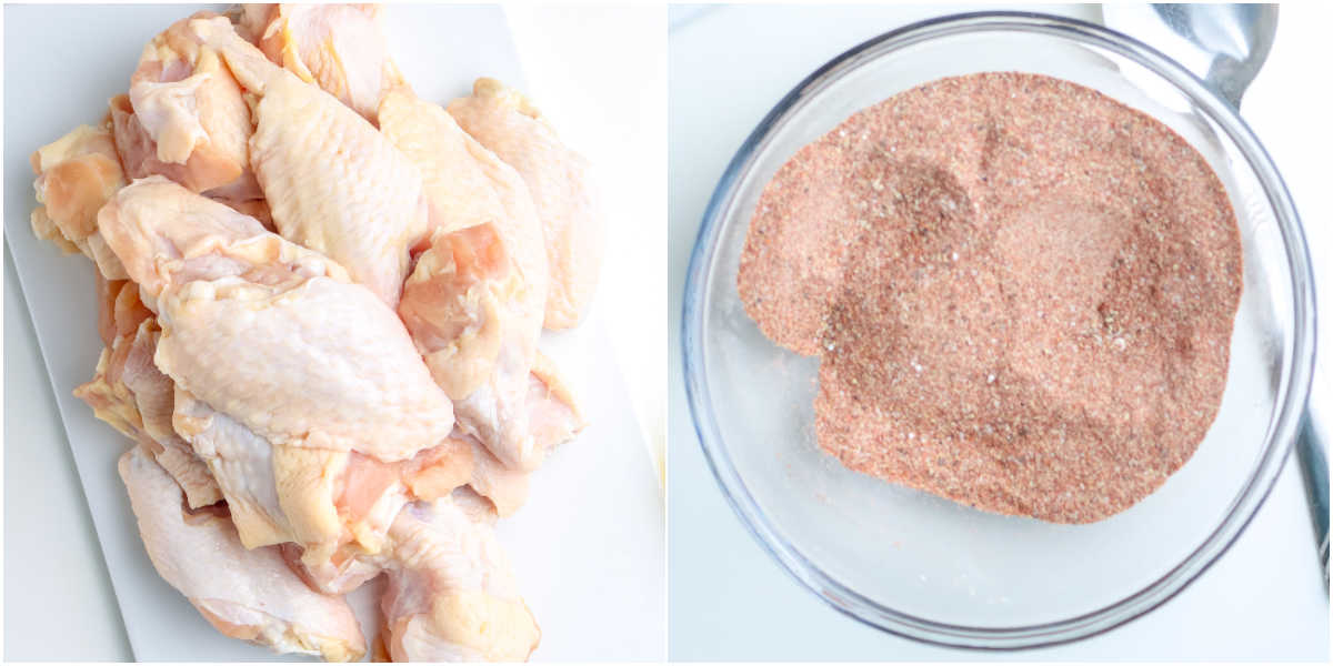 The wings on a cutting board and the rub mixed together in a bowl.