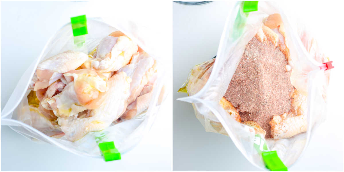 The raw wings in a Ziploc back and olive oil and the rub mixture added to them.