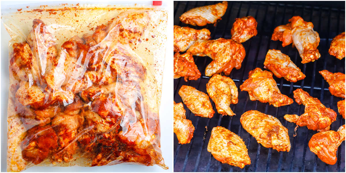 The wings covered in a rub in a Ziploc bag and then placed on a smoker grill.