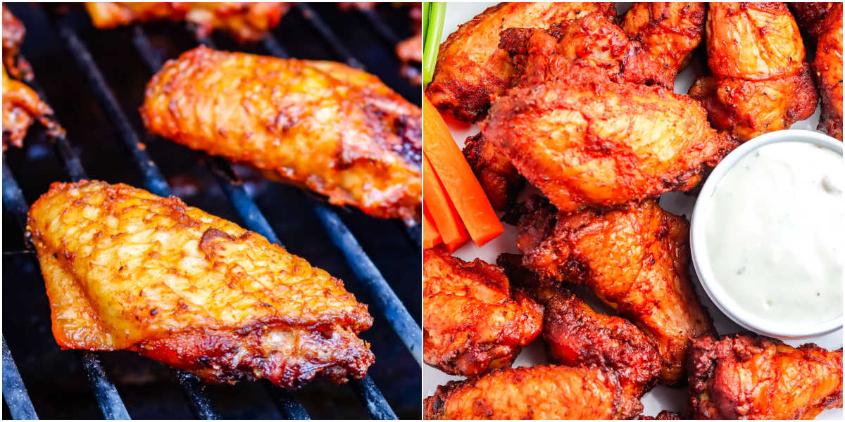 The finished wings on a Traeger and then on a serving platter.