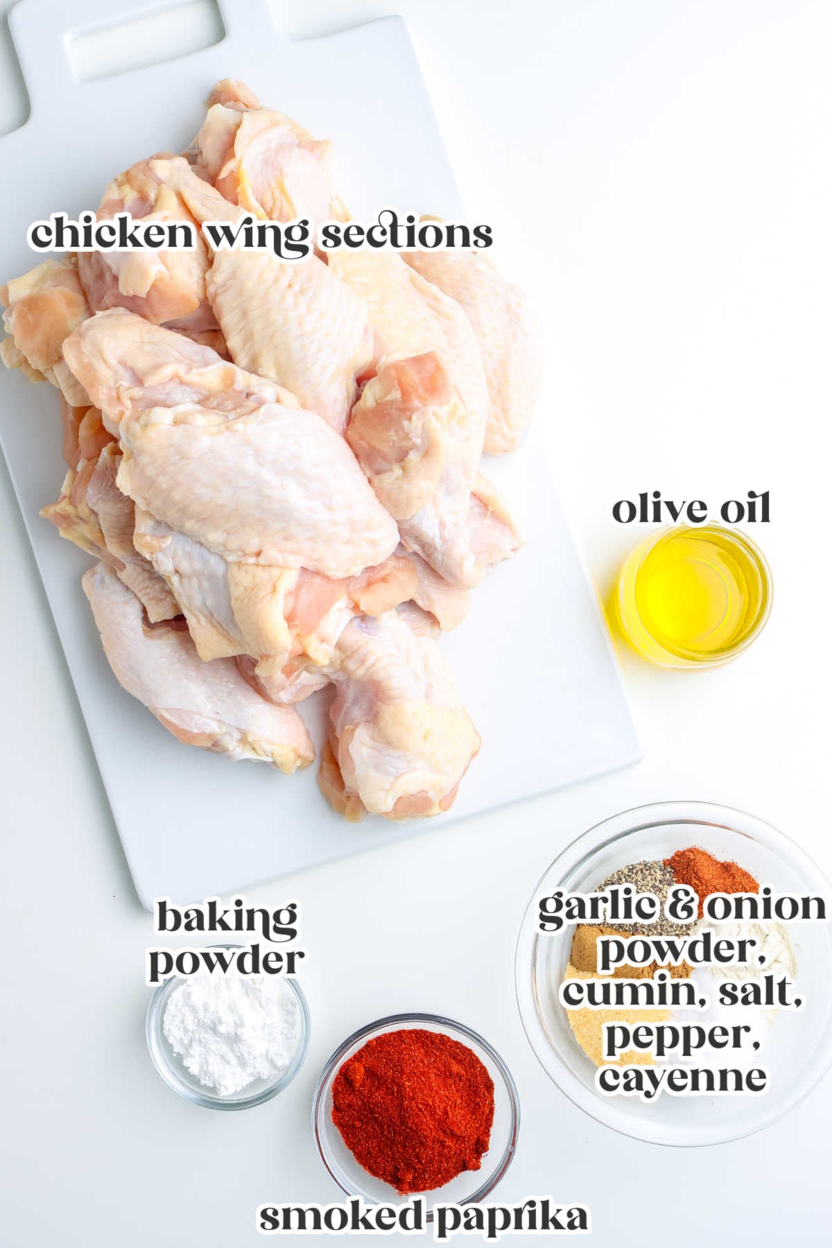 The smoked chicken wings ingredients with text overlay labeling each.