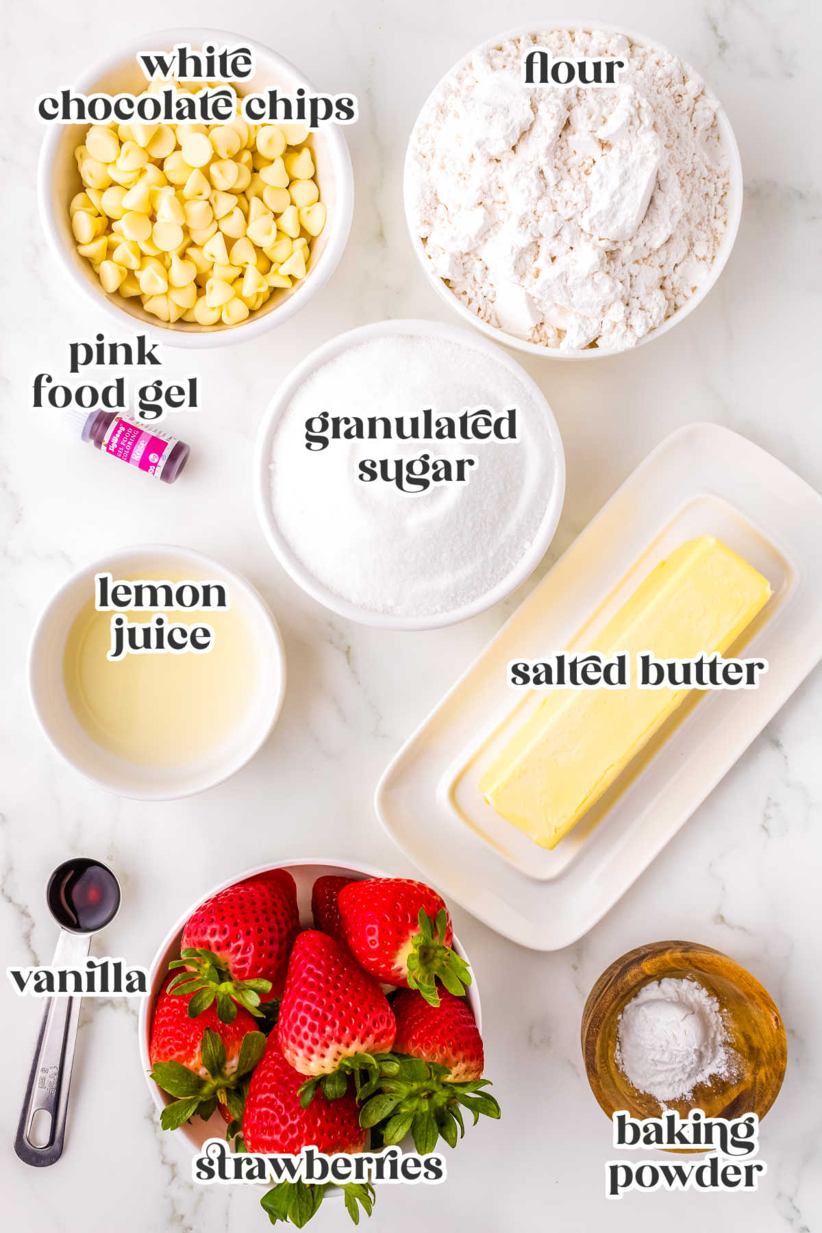 The fresh strawberry cookie ingredients with text overlay labeling each.