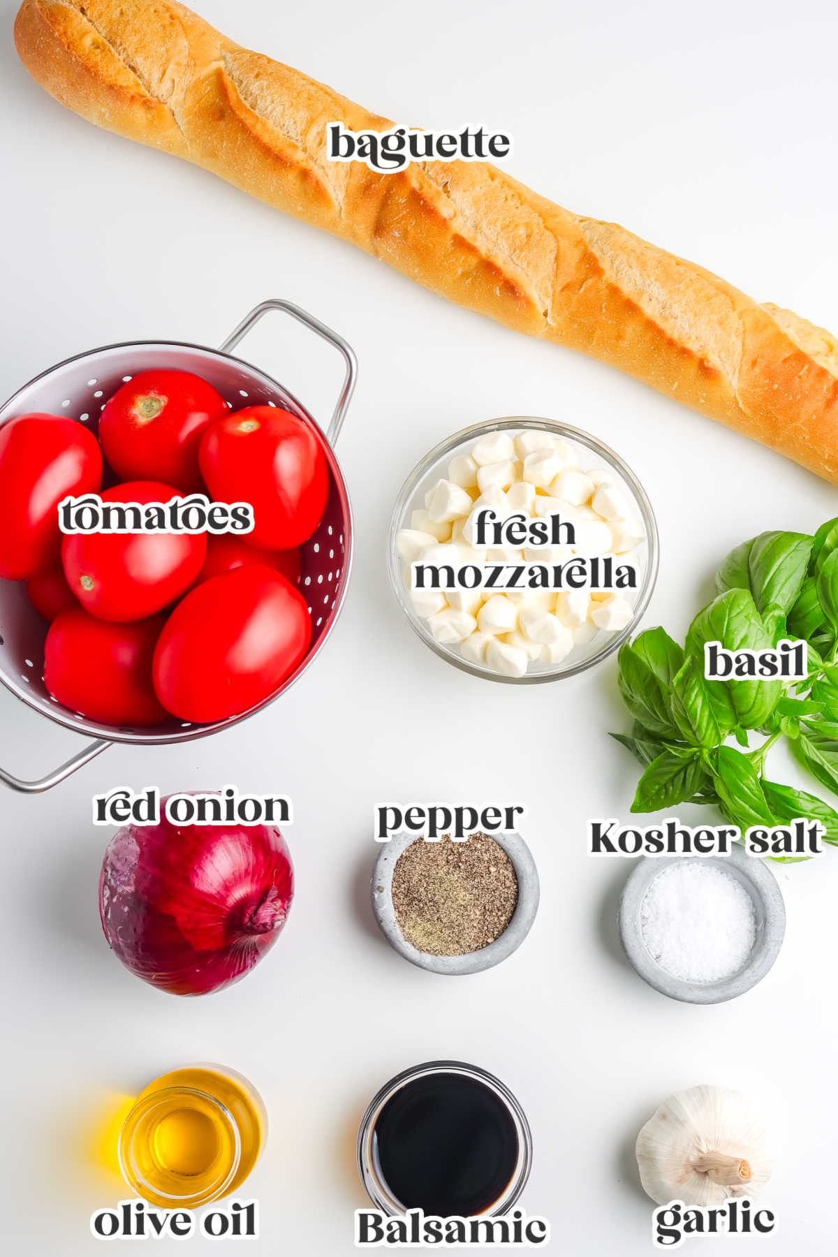 The Bruschetta with Mozzarella ingredients with text overlay labeling each one.