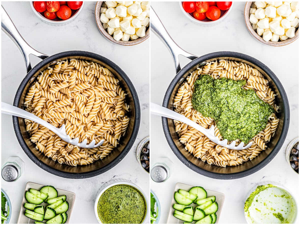 The pasta cooked and cooled and then pesto added to it.