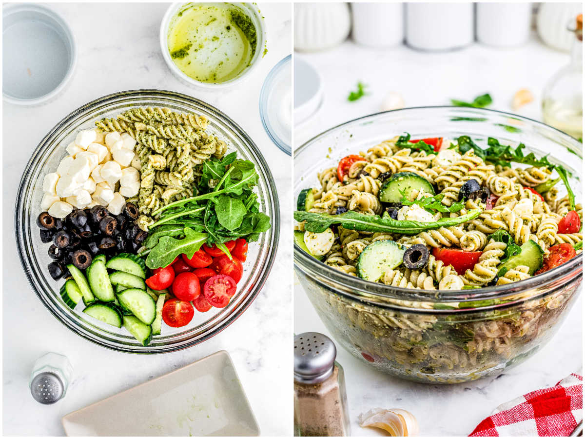 The mix in aded to the pasta and pesto and then tossed until combined.