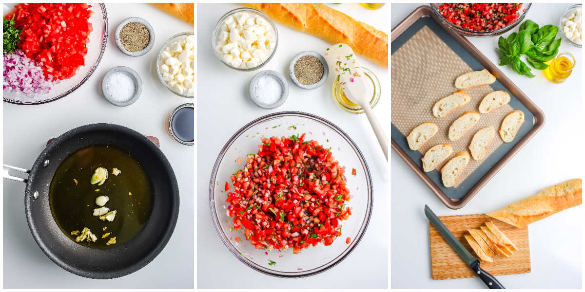 The garlic cooked in oil, then mixed into the bruschetta mixture, and the bread cut into slices.