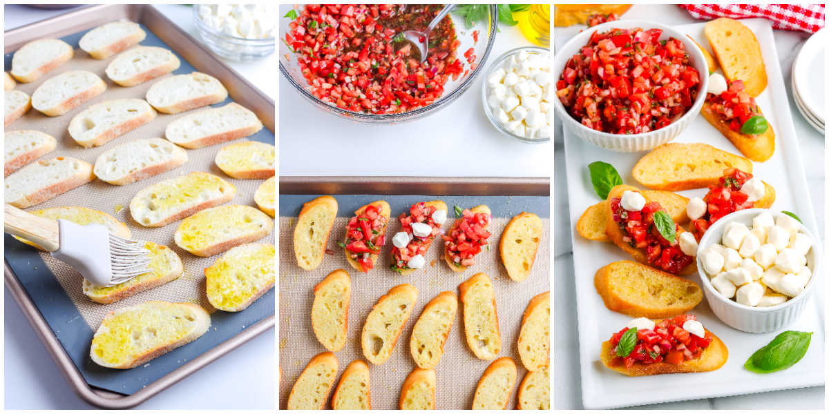Slices of bread brushed with olive oil, baked, topped with bruschettam and served.