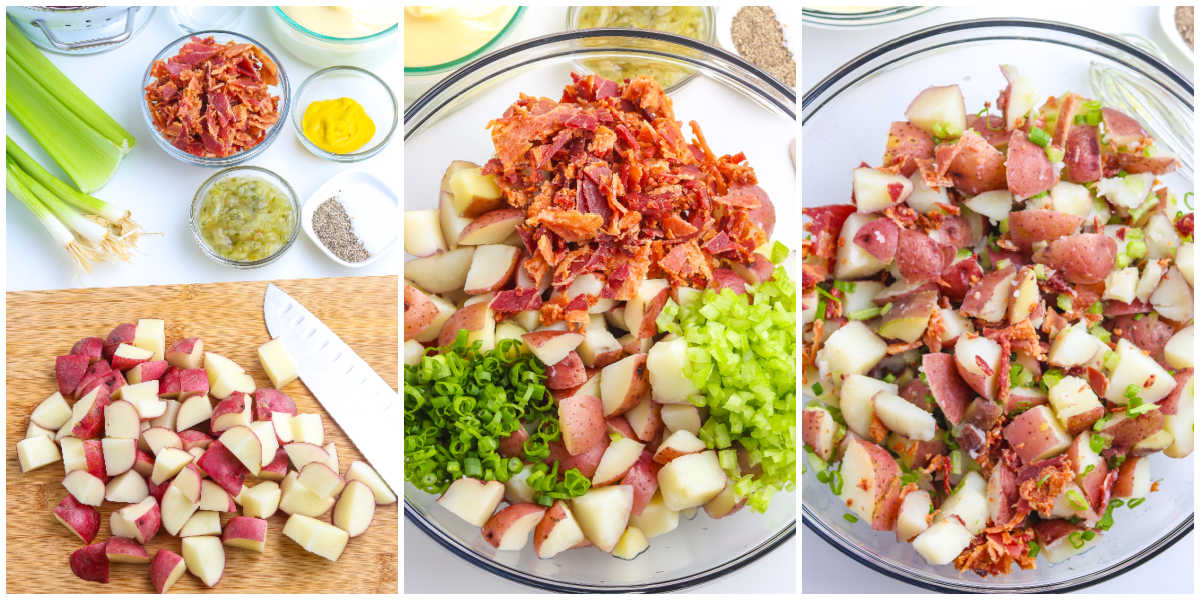 The potatoe cut on a cutting board, cooked, aded to a bowl, and toppings tossed in.