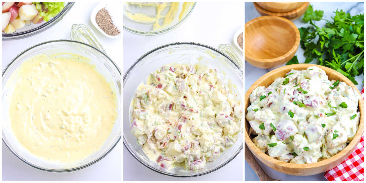 The potato salad dressing in a bowl and then oured over the potatoes, tossed, and chilled.