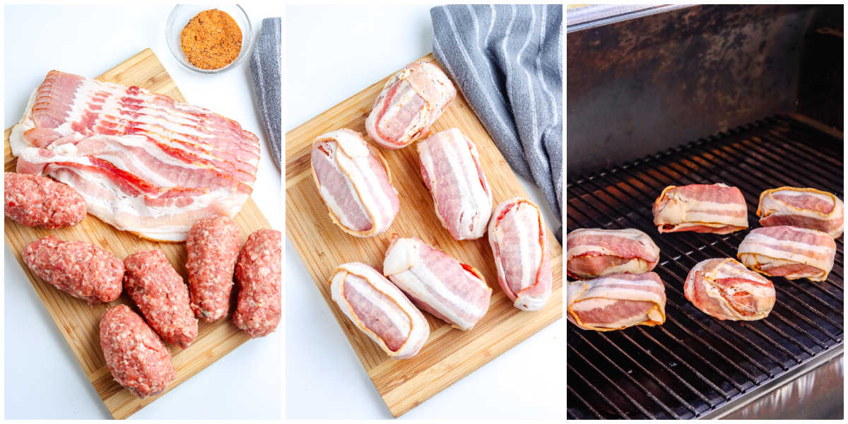 The cheese-stuffed jalapenos covered ground pork, then wrapped in bacon, and placed on a preheated smoker.