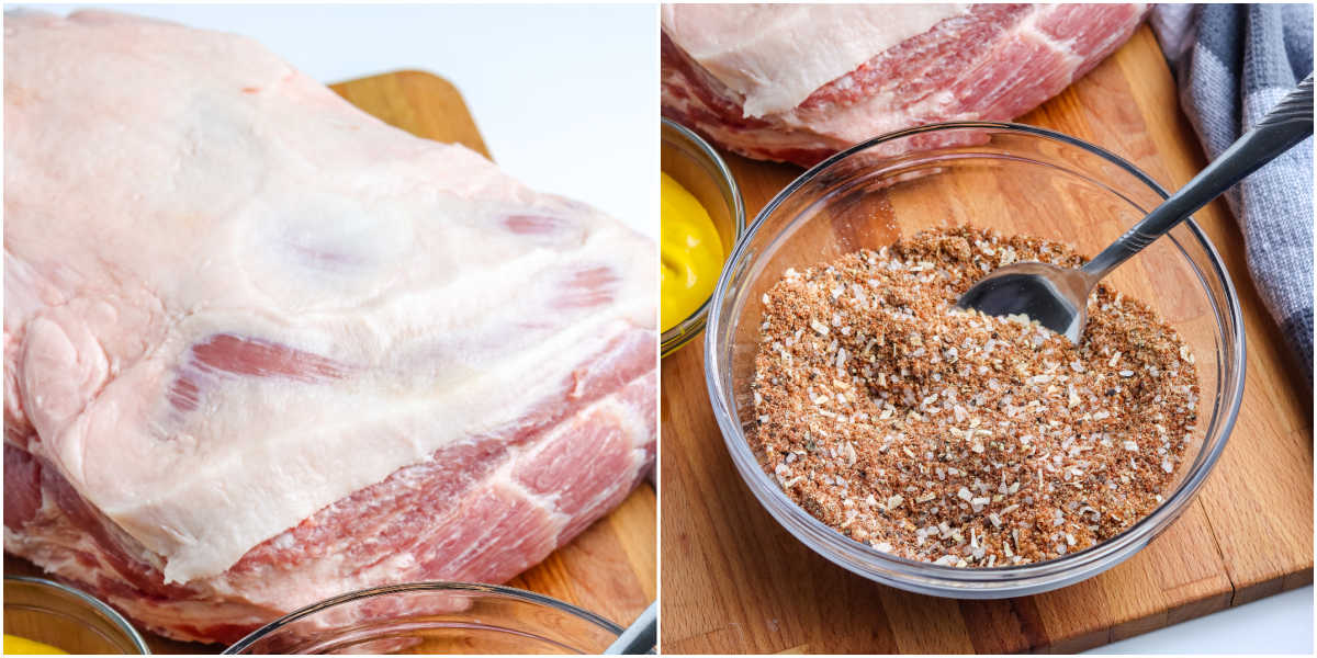 The pork butt, trimmed of fat, and the rub are mixed together in a bowl.