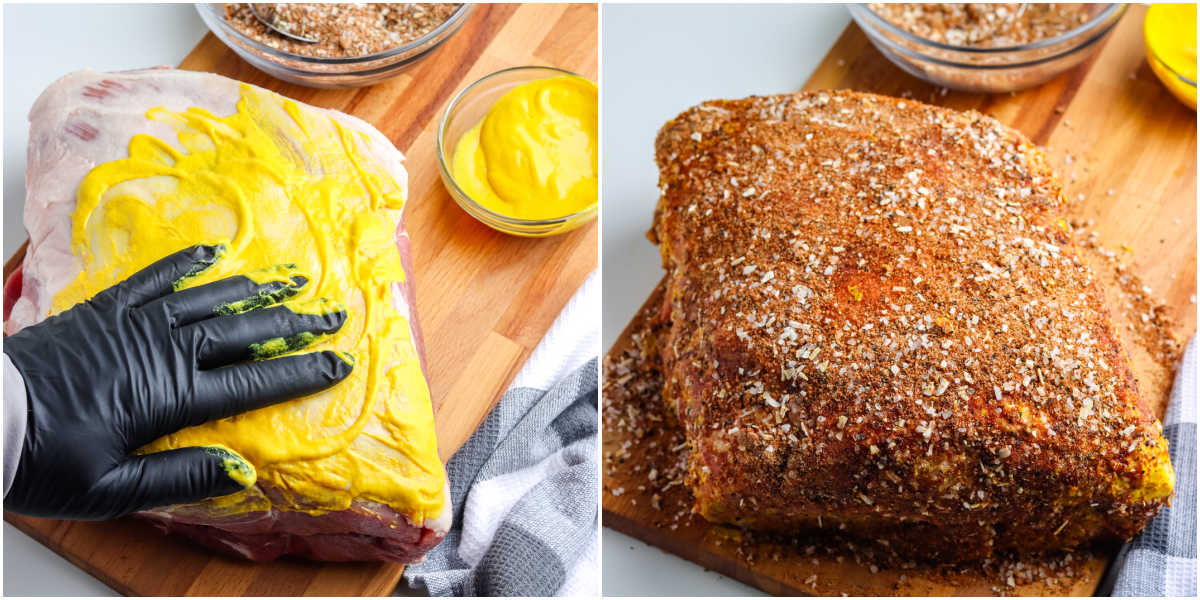 A pork but rubbed with mustard and then with a rub for smoked pork butt.