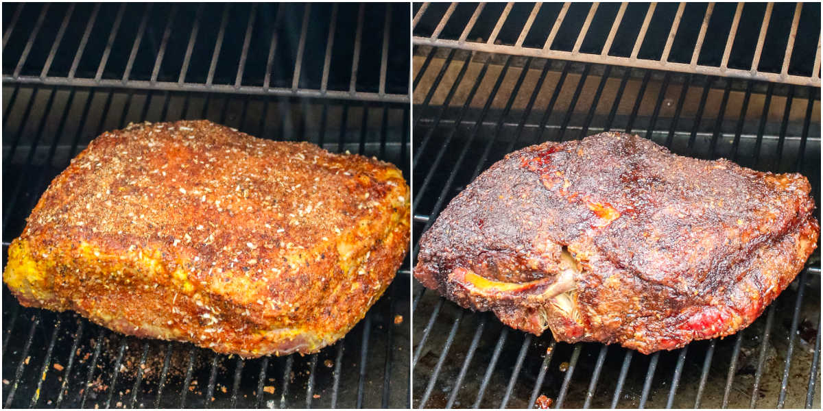 The pork butt before and after it's smoked.