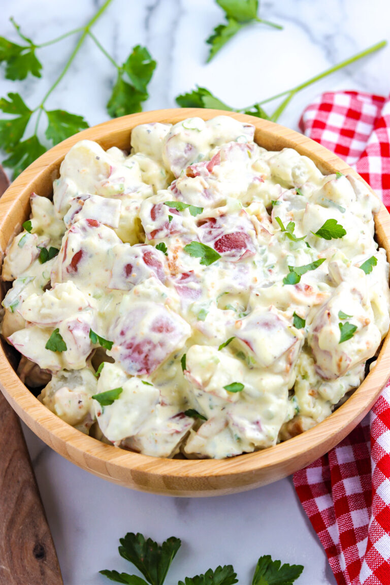 No egg potato salad in a wooden serving bowl.