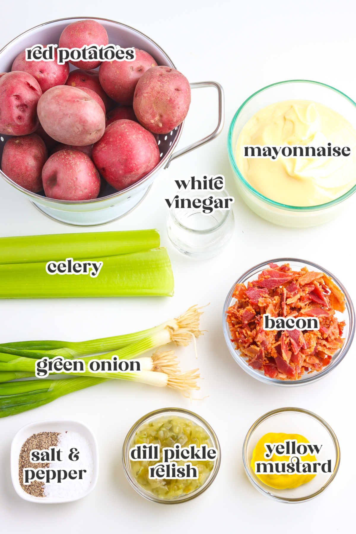 The No Egg Potato Salad ingredients with text overlay for Pinterest.