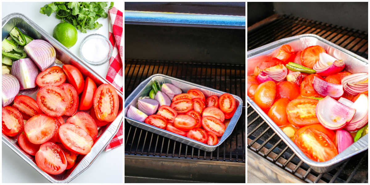 The cut vegetables put in a foil pan and then smoked until tender.