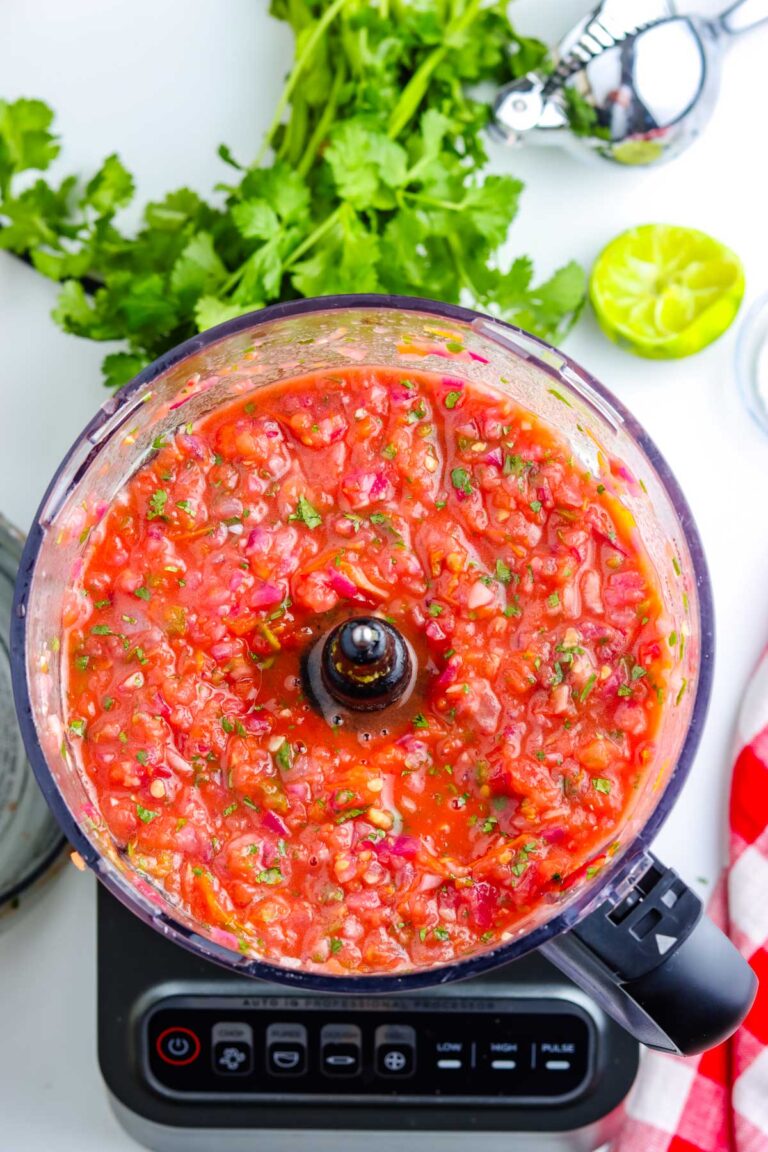 The smoked salsa in a food processor after it's been blended.