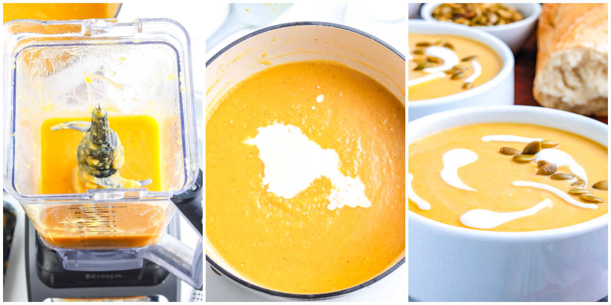 Step-by-step process of making roasted pumpkin soup: blending roasted pumpkin, stirring in cream, and serving the finished soup in bowls with pumpkin seeds.