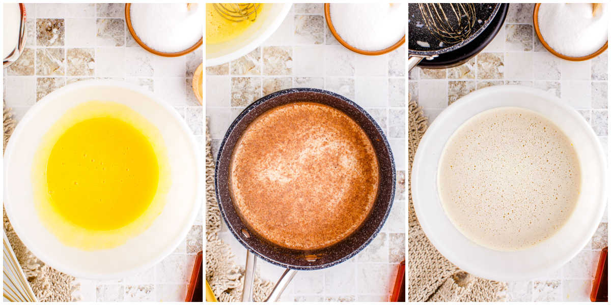 Three-image collage showing steps to make eggnog: whisked egg yolks and sugar, spiced milk mixture simmering in a pan, and finished eggnog custard base ready to chill.