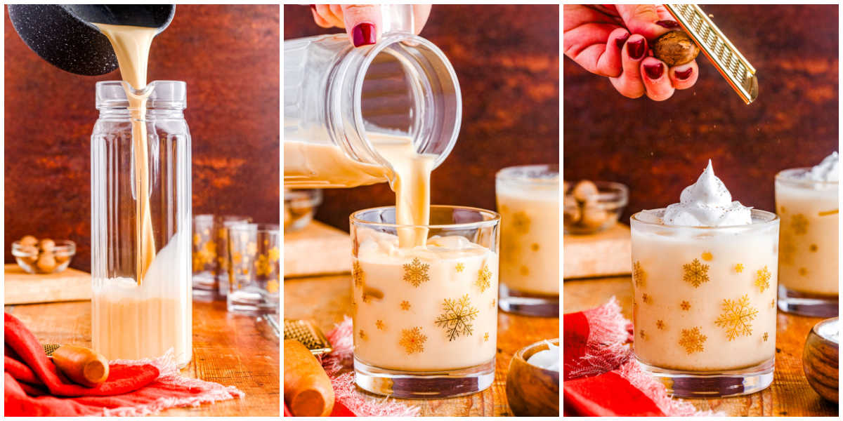Step-by-step collage of finishing homemade eggnog — pouring into a bottle, filling a festive glass, and grating nutmeg over whipped cream topping.