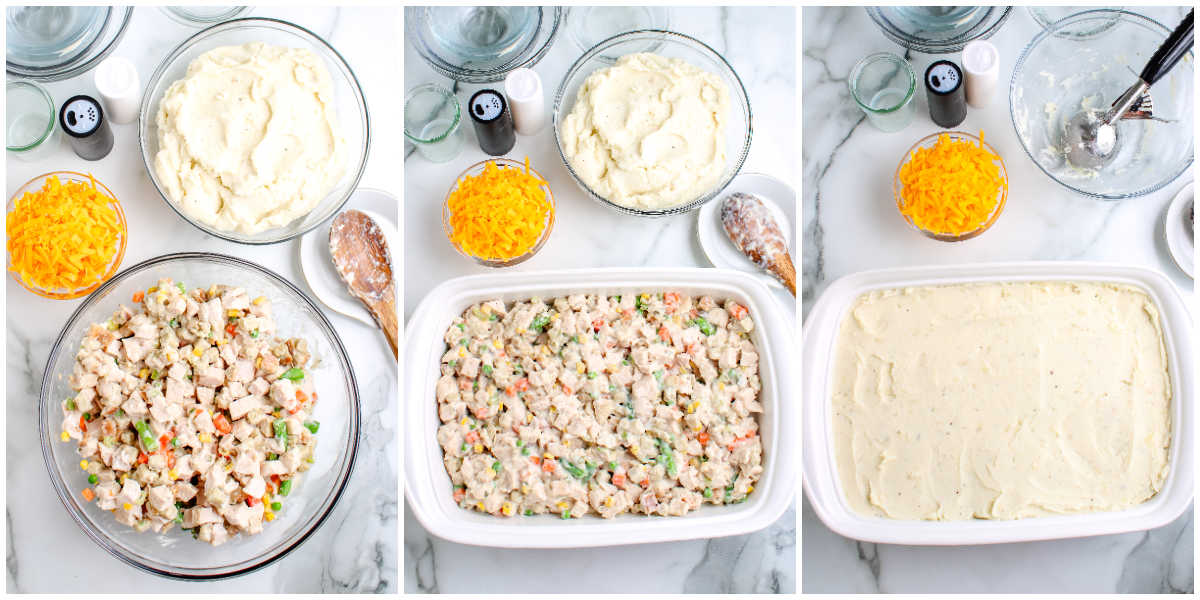 Step-by-step process of making leftover turkey casserole, showing turkey mixture in a bowl, spread in a baking dish, and topped with mashed potatoes before baking.