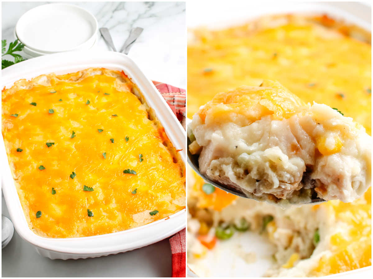 Golden baked leftover turkey casserole topped with melted cheddar cheese in a white dish, with a close-up of a spoonful showing turkey, vegetables, and mashed potato layers.