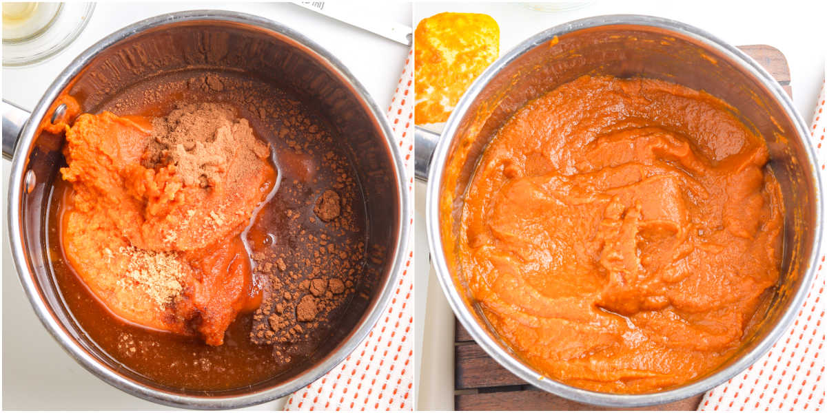 Cooking process of spiced pumpkin butter in a saucepan, showing ingredients with spices and the thickened finished spread.